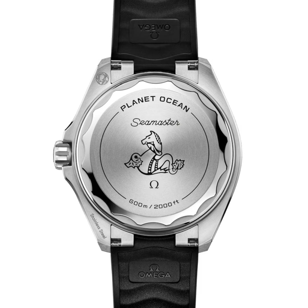 The OMEGA Seamaster Planet Ocean 600M Co-Axial Master Chronometer 42mm features an engraved seahorse, “PLANET OCEAN,” “Seamaster,” and “600m/2000ft” on the caseback, plus Co-Axial Master Chronometer branding and a black strap.