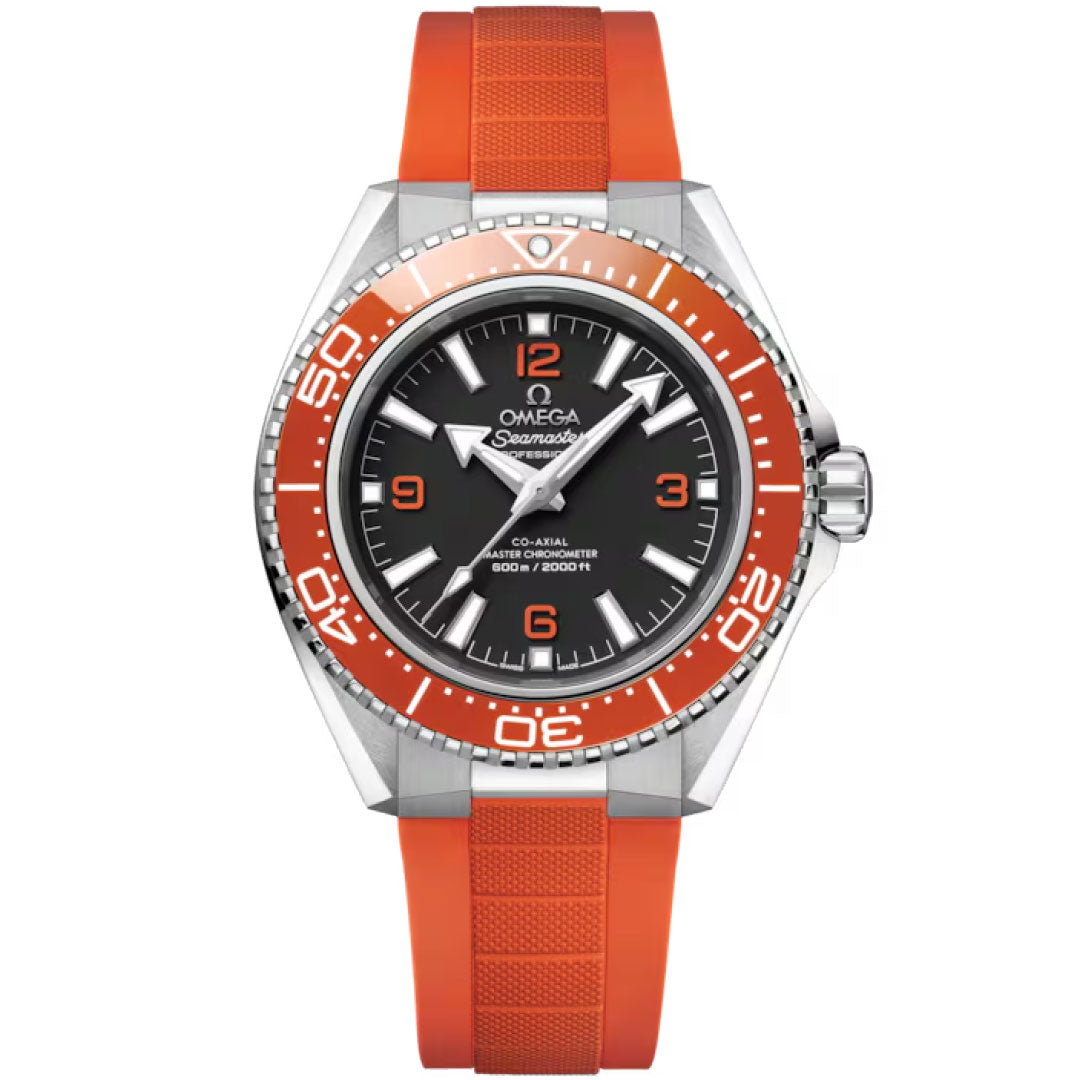 The OMEGA Seamaster Planet Ocean 600M Co-Axial Master Chronometer 42mm features a silver case, black dial, orange numerals and bezel, orange rubber strap, and white hands. Water resistant to 600 meters.