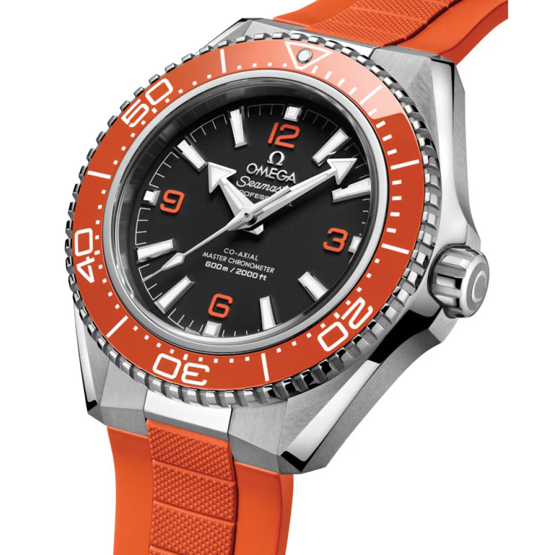 The OMEGA Seamaster Planet Ocean 600M Co-Axial Master Chronometer 42mm Watch features a stainless steel case, black dial with white markers, bold orange bezel, orange rubber strap, and “600m/2000ft” water resistance.