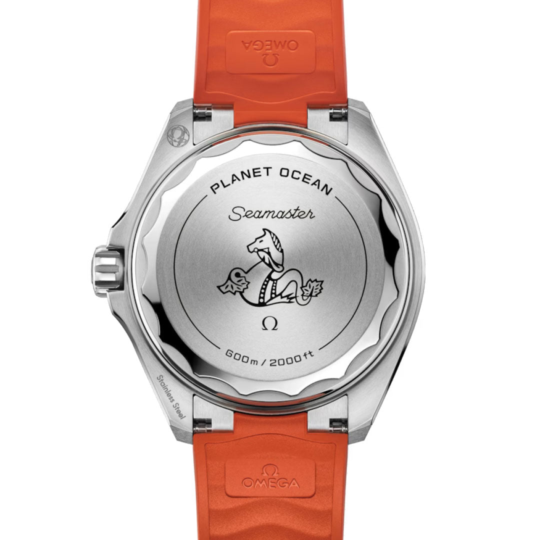 Close-up of the back of the OMEGA Seamaster Planet Ocean 600M Co-Axial Master Chronometer 42mm watch with an orange strap, seahorse logo, and engraved text: "Seamaster," "Planet Ocean," and "600m/2000ft.