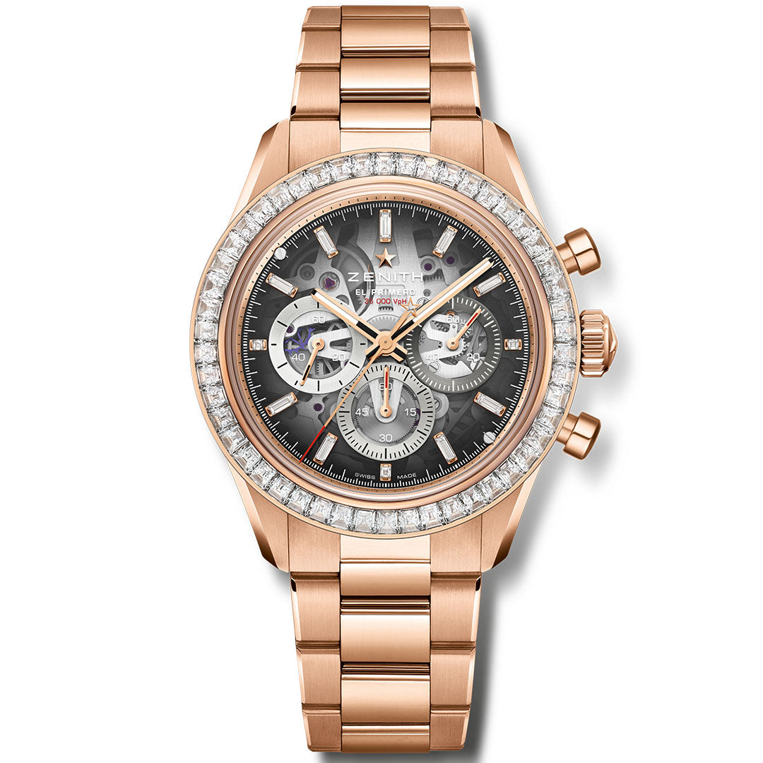 The Zenith Chronomaster Sport Skeleton El Primero 3600 SK is a luxury 41mm rose gold automatic chronograph watch featuring a metal bracelet, skeleton dial with subdials, and the signature high-frequency El Primero movement.