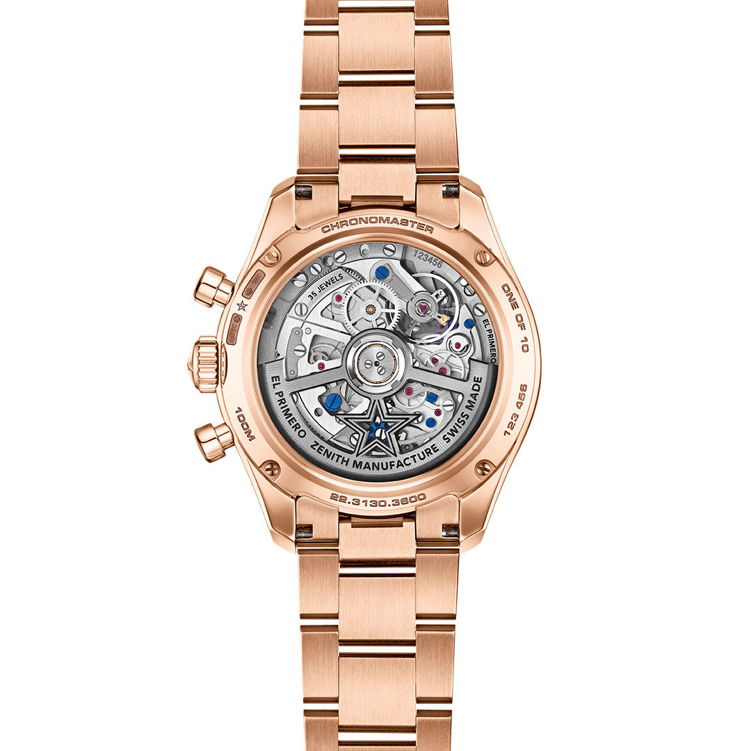 A close-up of the Zenith Chronomaster Sport Skeleton El Primero 3600 SK Automatic Chronograph (41mm) shows its intricate movement through a transparent caseback, detailed bezel, and matching metal bracelet for refined elegance.