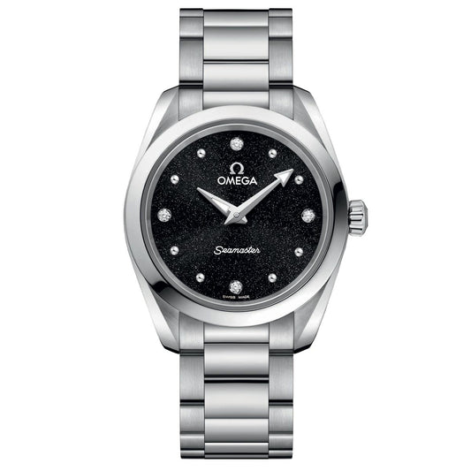 The OMEGA Seamaster Aqua Terra 150M Quartz 28mm Watch features a stainless steel bracelet and a black dial adorned with diamond indexes. Silver hands and the OMEGA logo add to its sleek and elegant design.