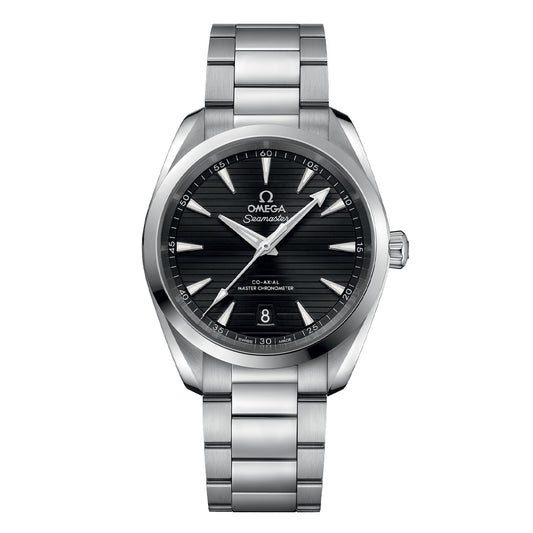 An OMEGA Seamaster Aqua Terra 150M Co-Axial Master Chronometer 38mm watch featuring a silver finish and a stainless steel bracelet. The round black dial includes silver hour markers, a date window at the 6 o'clock position, and is adorned with the text "Omega Seamaster Co-Axial Master Chronometer" at the center.