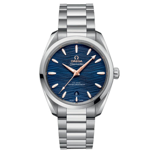 The OMEGA Seamaster Aqua Terra 150M Co-Axial Master Chronometer 38mm watch features a silver case with a stainless steel bracelet and a textured blue dial adorned with silver hour markers. It includes the words "Co-Axial Master Chronometer" and is powered by the precise Master Chronometer Calibre 8800, with a date window at 6 o'clock and the OMEGA logo at 12 o'clock.