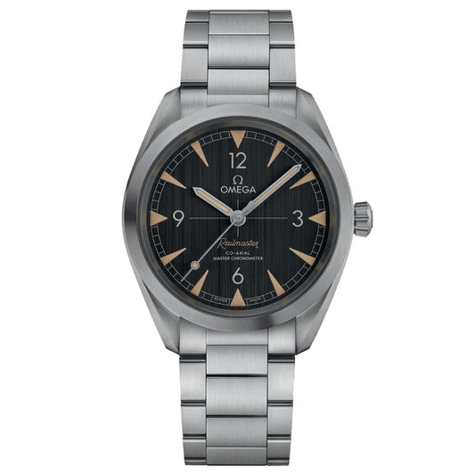 The OMEGA Seamaster Railmaster Co-Axial Master Chronometer 40mm watch is a luxury timepiece featuring a stainless steel strap and a dark round face with the brand name "Omega." It showcases silver hour markers and hands, along with numerals at the 12, 3, 6, and 9 positions.