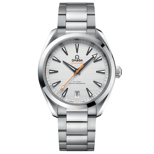 This OMEGA Seamaster Aqua Terra 150M Co-Axial Master Chronometer 41mm Watch showcases a stainless steel case and bracelet in a sleek silver finish. It features a round white dial adorned with black and orange hands, hour markers, and includes a date window positioned at 6 o'clock, with the OMEGA logo prominently displayed just below the 12 o'clock mark.