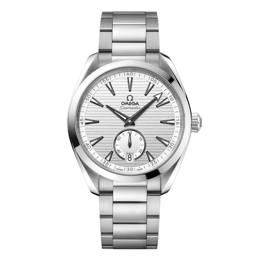 The OMEGA Seamaster Aqua Terra 150M Co-Axial Master Chronometer Small Seconds 41mm Watch features a stainless steel bracelet and a textured silver dial. It includes slim hour markers, a subdial, and a date display on its face. With its sleek, polished design, the watch proudly displays the iconic OMEGA logo at the top.