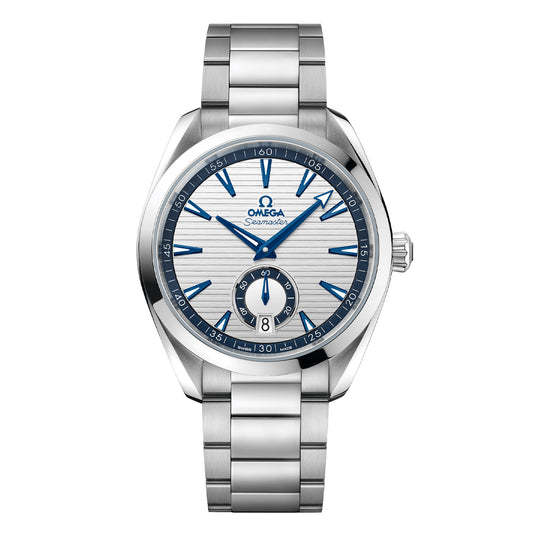 The OMEGA Seamaster Aqua Terra 150M Co-Axial Master Chronometer Small Seconds 41mm Watch features a stainless steel bracelet, a refined striped silver dial, and elegant blue hour markers and hands. It also includes a date display at the 6 o'clock position and prominently displays the iconic Omega logo at 12 o'clock.