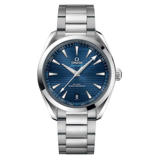 The OMEGA Seamaster Aqua Terra 150M Co-Axial Master Chronometer 41mm Watch features a captivating blue dial adorned with white hour markers and hands. The date is elegantly displayed at 6 o'clock, showcasing the precision of the OMEGA Master Chronometer calibre 8900. Its sophisticated design is completed with a stainless steel bracelet.
