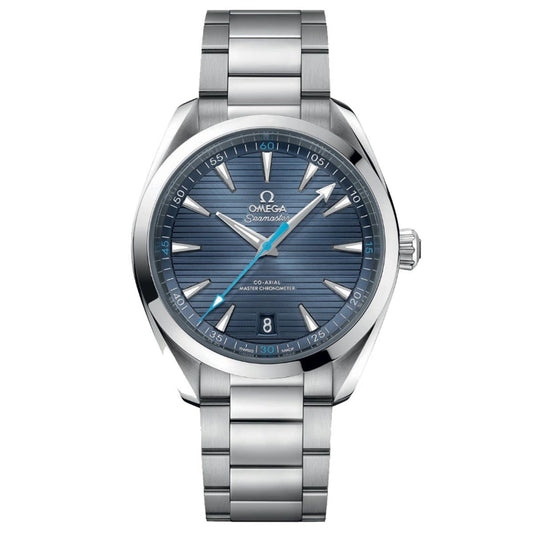 This stylish wristwatch from the OMEGA Seamaster Aqua Terra series showcases a stainless steel design with a metallic band. It features a dark blue dial accented with white hour markers and hands, as well as a date window located at 6 o'clock. The watch face prominently displays the "Omega Seamaster" logo along with the "OMEGA Master Chronometer" text.