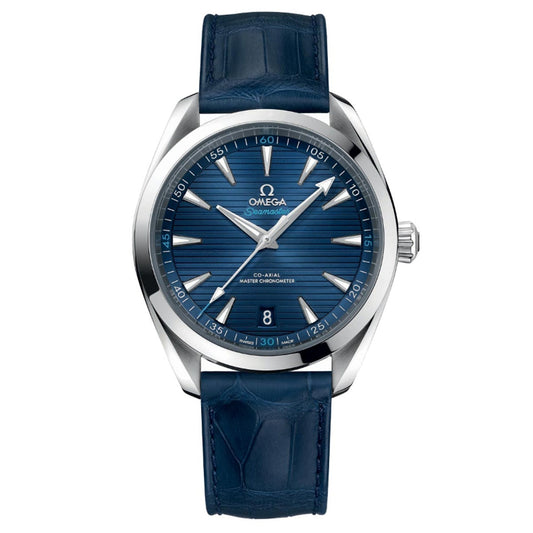 This exquisite OMEGA Seamaster Aqua Terra 150m Co-Axial Master Chronometer 41mm Watch features a blue textured dial with silver-tone indices and hands, complemented by a blue leather strap. It includes a date window at 6 o'clock and the iconic Omega logo at 12 o'clock, all elegantly housed in a polished stainless steel case renowned for its OMEGA Master Chronometer precision.