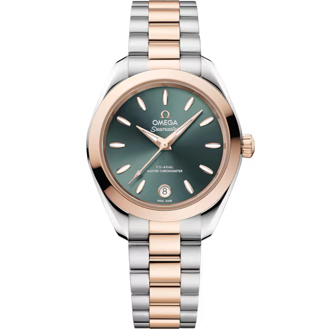 The OMEGA Seamaster Aqua Terra 150M Co-Axial Master Chronometer 30mm Watch features a green dial, rose gold bezel and crown, silver and rose gold bracelet, and a date window at 6 o’clock.