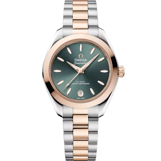 The OMEGA Seamaster Aqua Terra 150M Co-Axial Master Chronometer 30mm Watch features a green dial, rose gold bezel and crown, silver and rose gold bracelet, and a date window at 6 o’clock.
