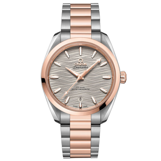 The OMEGA Seamaster Aqua Terra 150M Co-Axial Master Chronometer 38mm Watch features a stainless steel and 18K Sedna™ gold two-tone bracelet, silver wave-patterned dial, and rose gold bezel. With its date function positioned at 6 o'clock, this timepiece epitomizes timeless elegance.