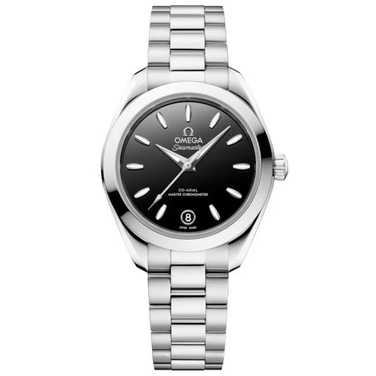 The OMEGA Seamaster Aqua Terra 150M Co-Axial Master Chronometer 30mm Watch features a stainless steel case, black dial, silver hour markers, date at 6 o’clock, metal link bracelet, and displays the OMEGA logo with "Seamaster" branding.