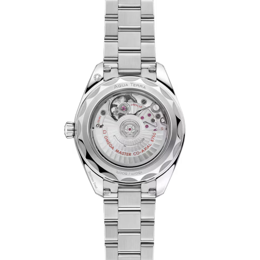 Back view of the OMEGA Seamaster Aqua Terra 150M Co-Axial Master Chronometer 30mm Watch with a transparent case back, showcasing the intricate movement and engraved "AQUA TERRA" alongside other precise inscriptions.