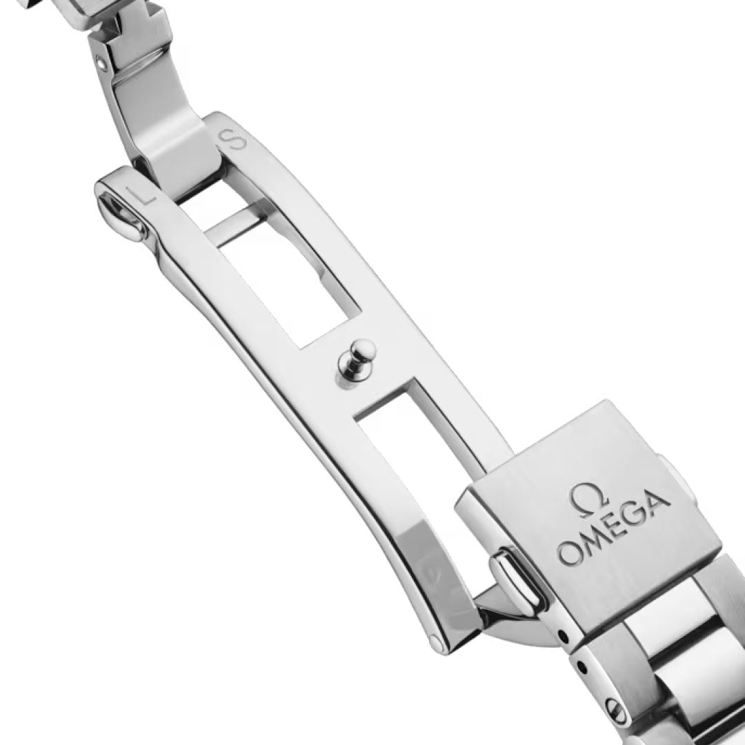 Close-up of the OMEGA Seamaster Aqua Terra 150M Co-Axial Master Chronometer 30mm watch clasp, featuring the engraved OMEGA logo and highlighting its detailed stainless steel folding and locking mechanism.
