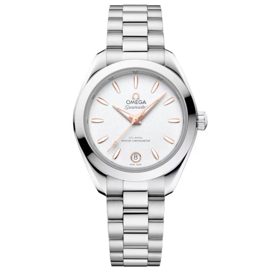 The OMEGA Seamaster Aqua Terra 150M Co-Axial Master Chronometer 30mm Watch features a stainless steel case, metal link bracelet, white dial, rose gold markers and hands, and a date window at 6 o'clock.
