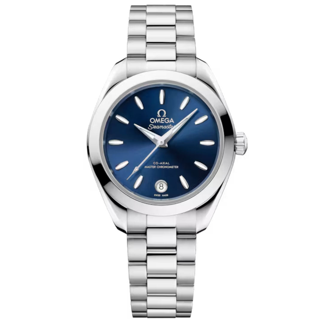 The OMEGA Seamaster Aqua Terra 150M Co-Axial Master Chronometer 30mm Watch features a blue dial, silver hour markers, date window at 6 o’clock, stainless steel case, and metal bracelet.