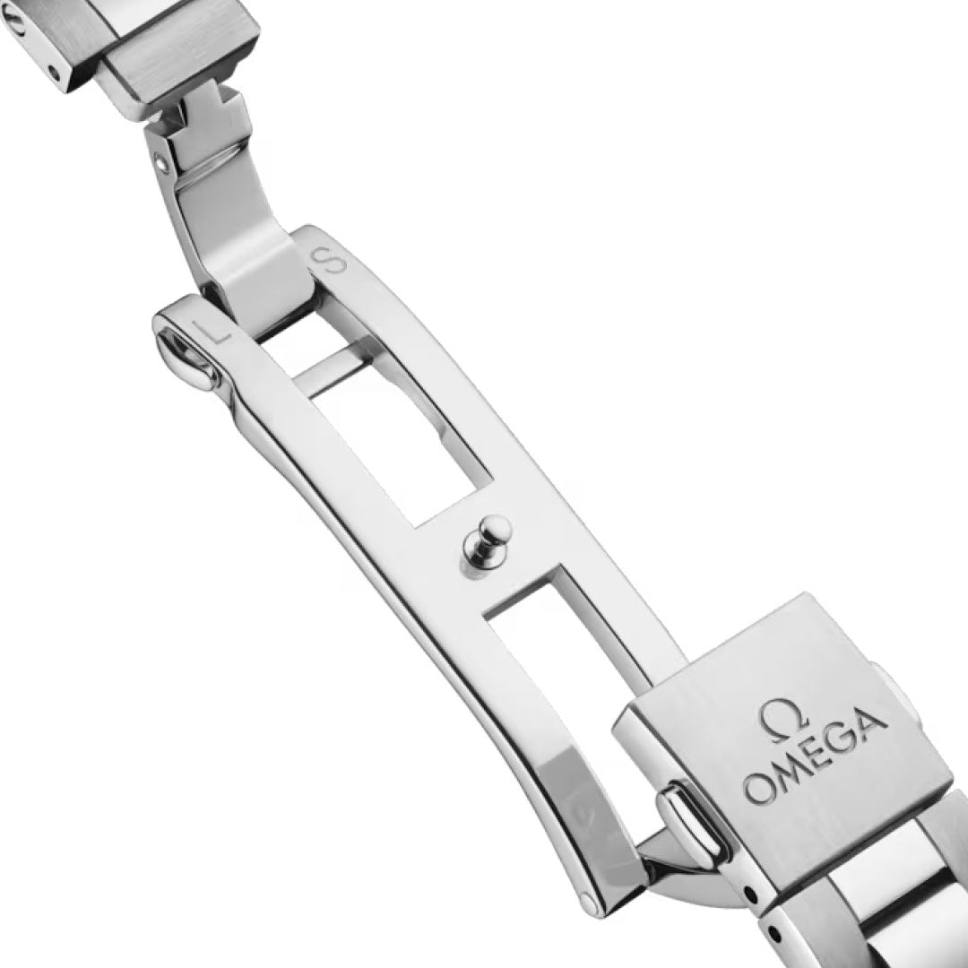 Close-up of the partially open stainless steel clasp on the OMEGA Seamaster Aqua Terra 150M Co-Axial Master Chronometer 30mm Watch, showing the engraved OMEGA logo, polished surfaces, and signature hinges.