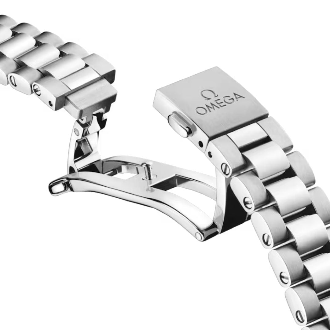 Close-up of the OMEGA Seamaster Aqua Terra 150M Co-Axial Master Chronometer 30mm stainless steel bracelet with an open deployment clasp, showcasing the detailed mechanism and engraved OMEGA logo.