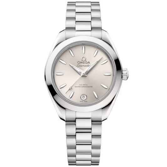 The OMEGA Seamaster Aqua Terra 150M Co-Axial Master Chronometer 30mm Watch features a stainless steel case, light silver dial with silver markers and hands, a date window at 6 o’clock, and displays the OMEGA logo and "Seamaster" on the dial.