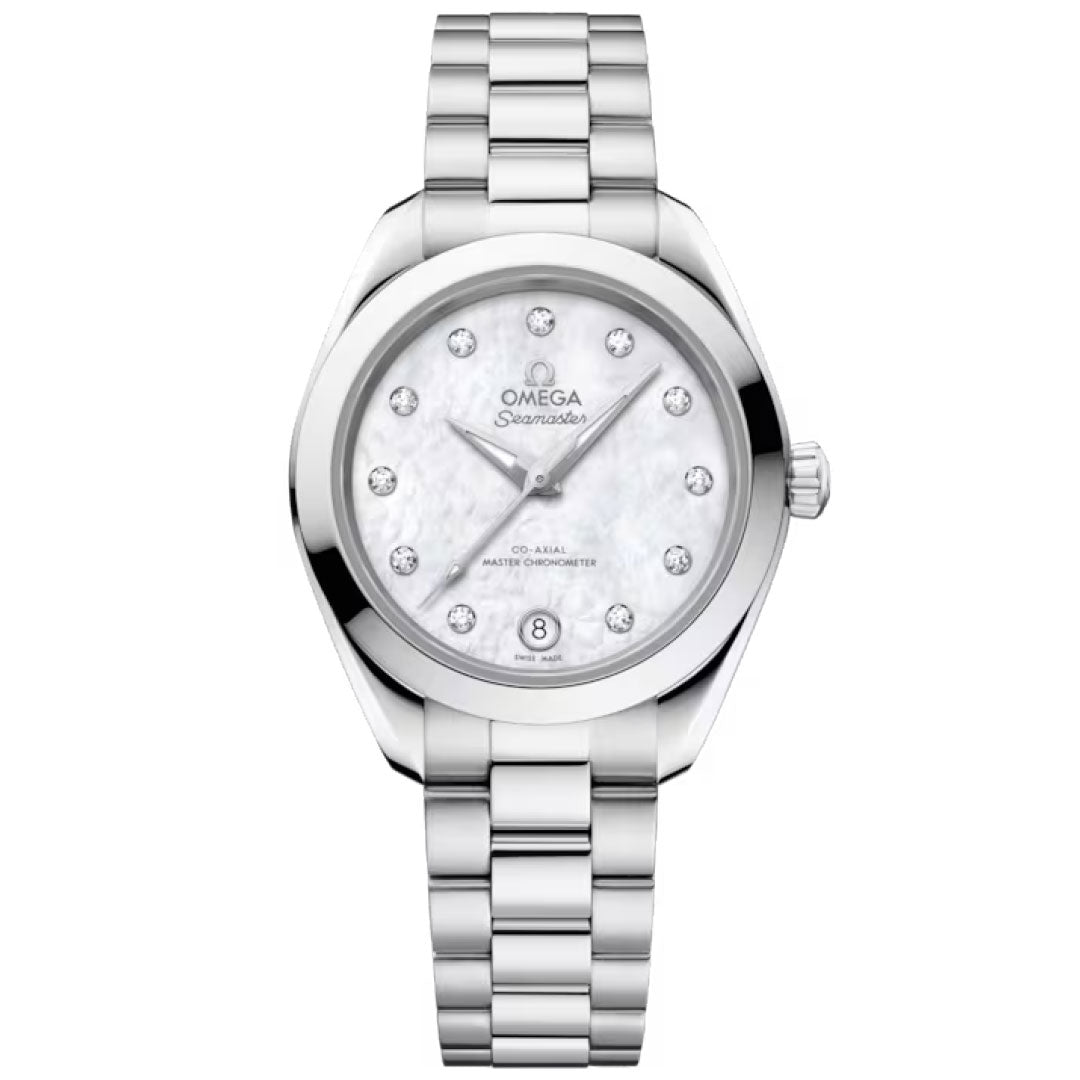 The OMEGA Seamaster Aqua Terra 150M Co-Axial Master Chronometer 30mm features a silver stainless steel bracelet, white mother-of-pearl dial with diamond hour markers, date at 6 o’clock, and is certified for outstanding precision.