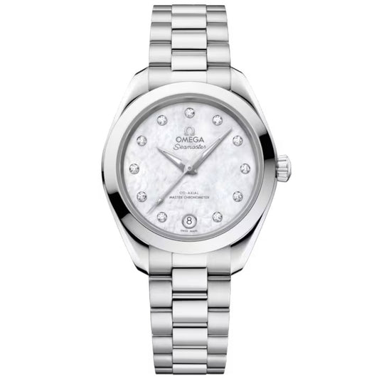 The OMEGA Seamaster Aqua Terra 150M Co-Axial Master Chronometer 30mm features a silver stainless steel bracelet, white mother-of-pearl dial with diamond hour markers, date at 6 o’clock, and is certified for outstanding precision.