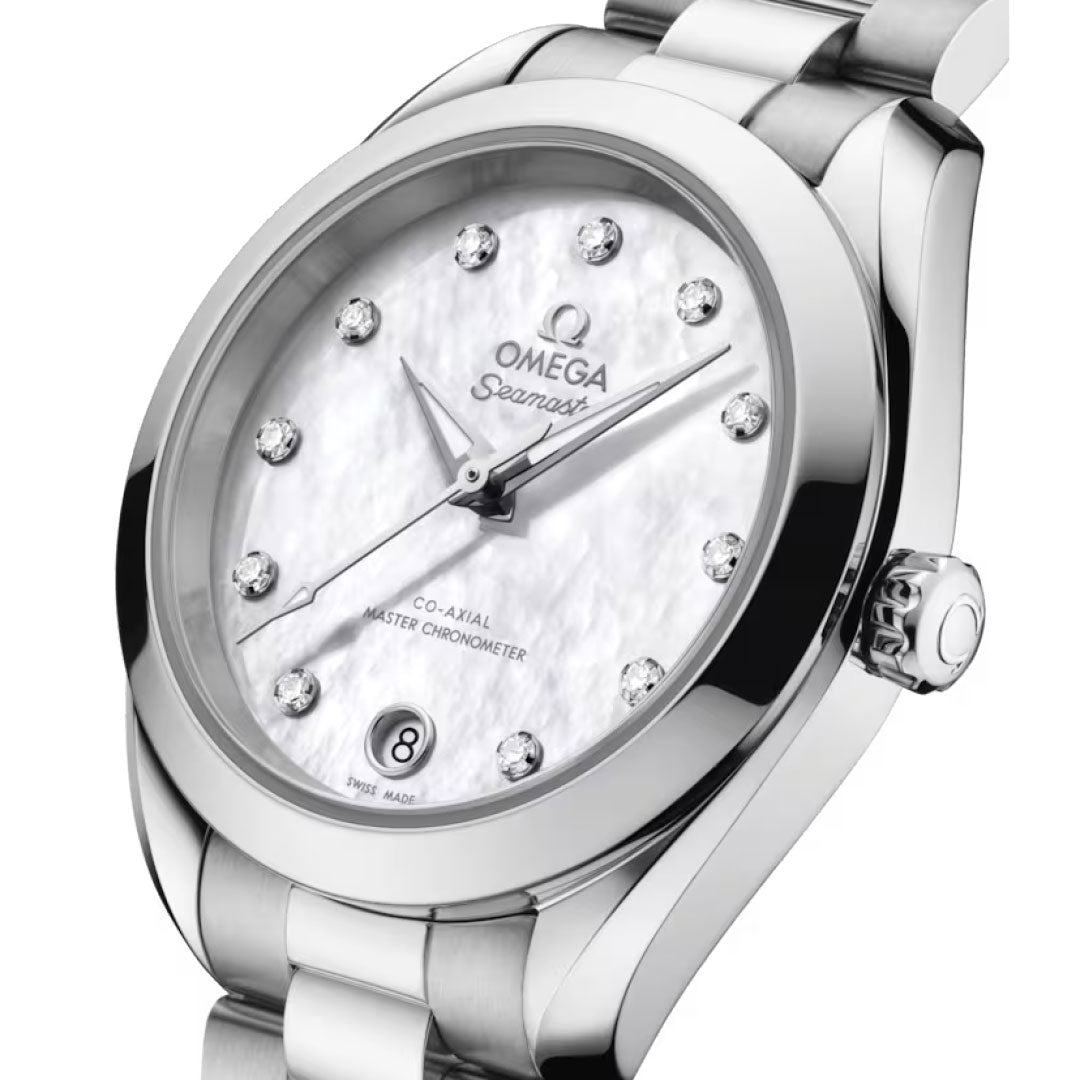 A close-up of the OMEGA Seamaster Aqua Terra 150M Co-Axial Master Chronometer 30mm watch, featuring a white mother-of-pearl dial with diamond hour markers, date at 6 o’clock, and a polished stainless steel case and bracelet.