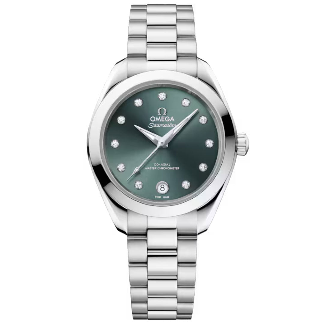 The OMEGA Seamaster Aqua Terra 150M Co-Axial Master Chronometer 30mm Watch features a green dial with diamond hour markers, date at 6 o’clock, and a stainless steel bracelet.