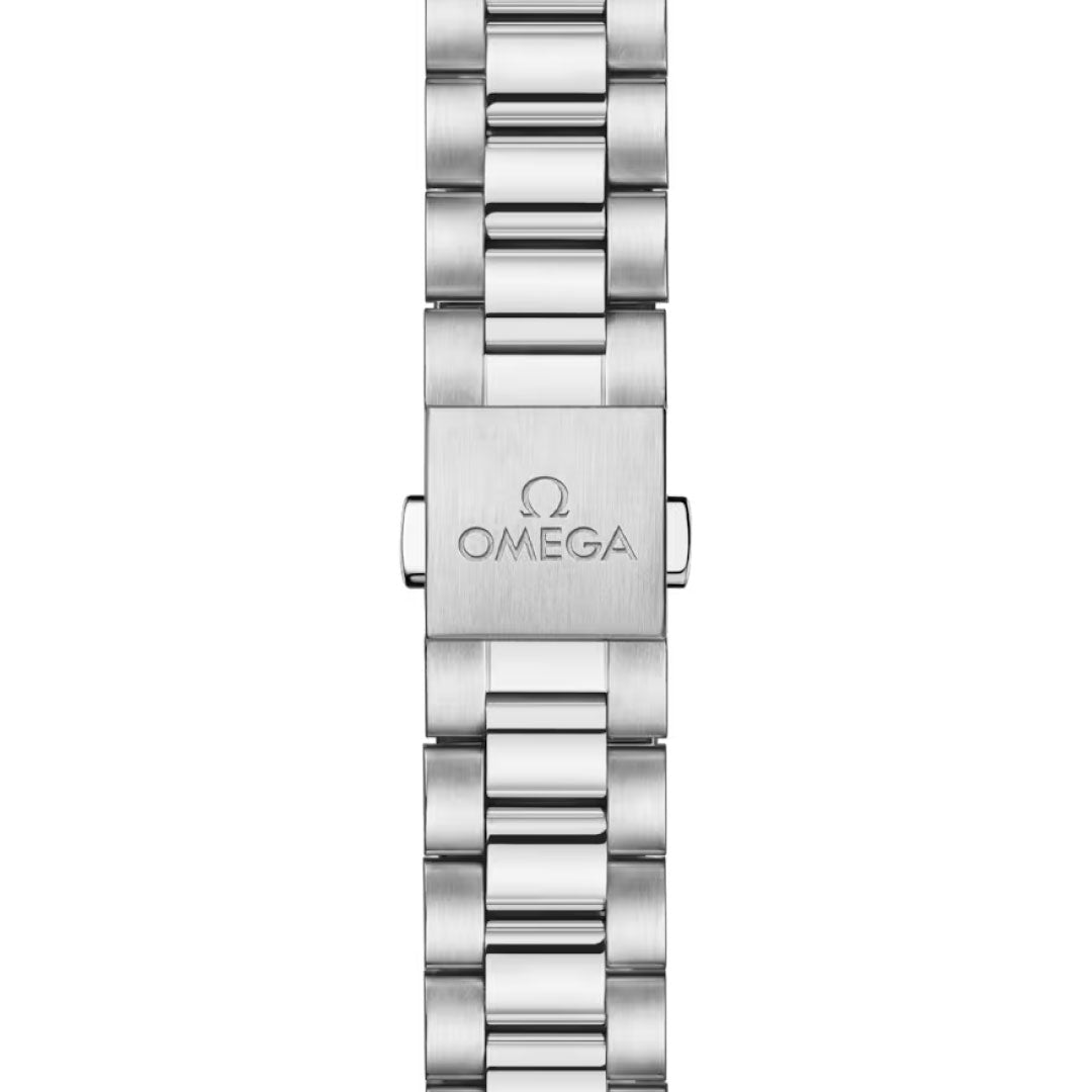 Close-up of the OMEGA Seamaster Aqua Terra 150M Co-Axial Master Chronometer 30mm watch's silver metal bracelet, showing a clasp with the engraved OMEGA logo and text, featuring brushed and polished finishes.