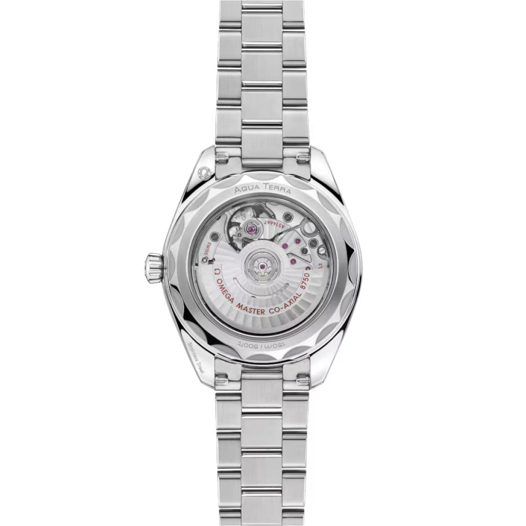 The image displays the back of an OMEGA Seamaster Aqua Terra 150M Co-Axial Master Chronometer 30mm watch, featuring a silver stainless steel bracelet and transparent case back that reveals its detailed movement.