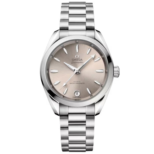 The OMEGA Seamaster Aqua Terra Shades Co-Axial Master Chronometer 34mm Watch features a stainless steel case, silver sunburst dial, silver markers, date window at 6 o’clock, calibre 8800 movement, and a metal link bracelet.