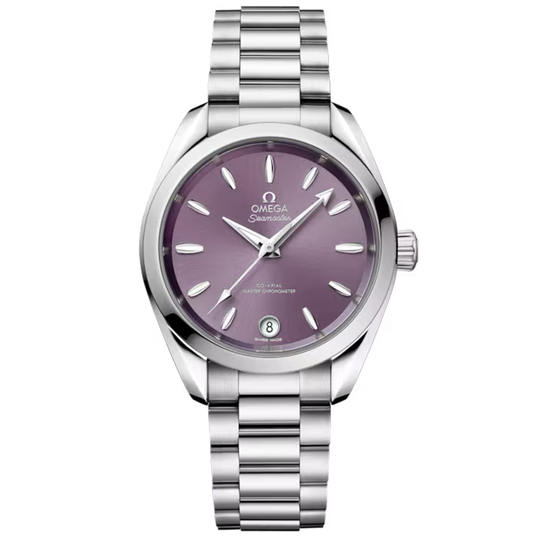 The OMEGA Seamaster Aqua Terra Shades Co-Axial Master Chronometer 34mm features a purple dial, silver hour markers, date window at 6 o’clock, Omega logo below 12, stainless steel bracelet, and is Master Chronometer certified.