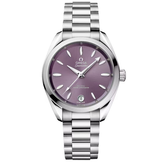 The OMEGA Seamaster Aqua Terra Shades Co-Axial Master Chronometer 34mm features a purple dial, silver hour markers, date window at 6 o’clock, Omega logo below 12, stainless steel bracelet, and is Master Chronometer certified.