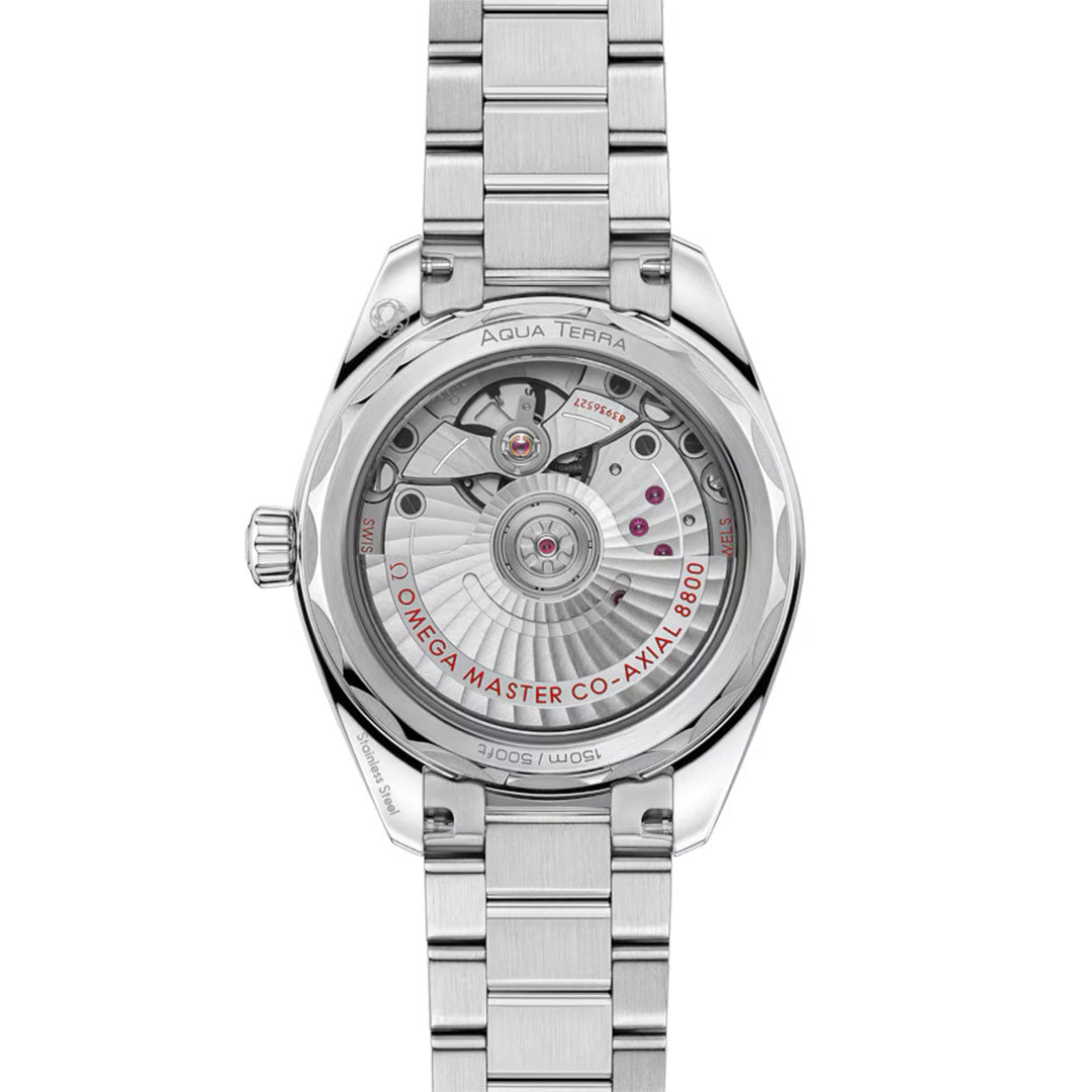 Back view of the OMEGA Seamaster Aqua Terra Shades Co-Axial Master Chronometer 34mm Watch displays its exposed movement through a transparent case back with "OMEGA MASTER CO-AXIAL 8800" in red and a stainless steel bracelet.