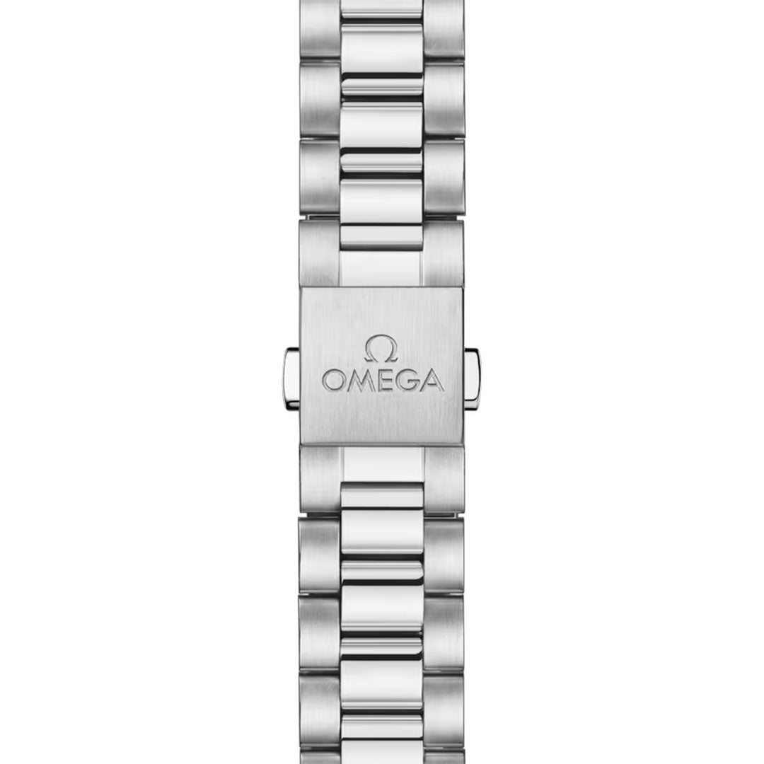 A close-up of the OMEGA Seamaster Aqua Terra Shades Co-Axial Master Chronometer 34mm watch shows a silver bracelet with polished and brushed links and a clasp engraved with the OMEGA logo.