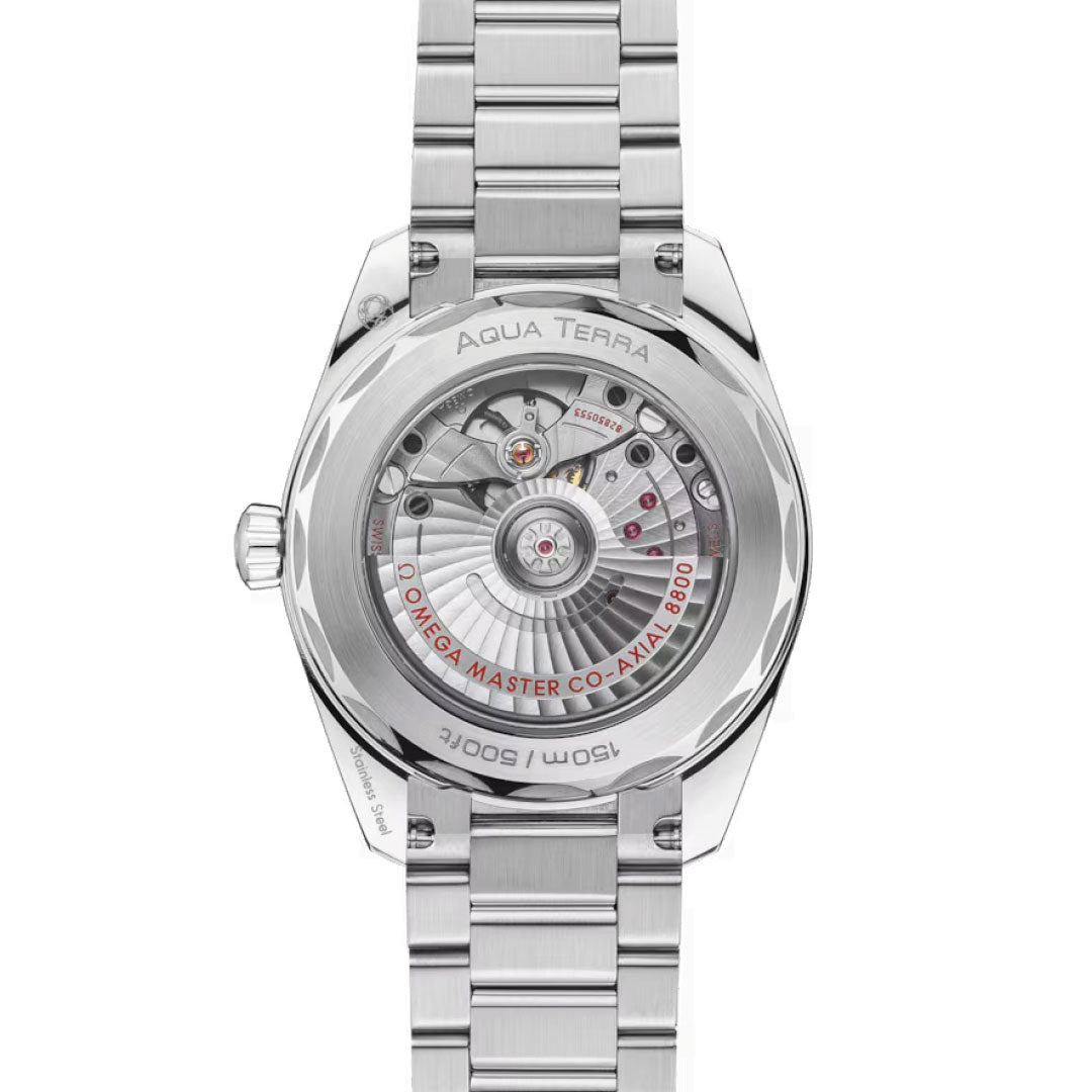 The image displays the reverse side of an OMEGA Seamaster Aqua Terra Shades Co-Axial Master Chronometer 38mm Watch, featuring a stainless steel bracelet. The transparent case back reveals the detailed mechanical movement, highlighting the precision and elegance of the OMEGA Master Chronometer calibre 8800.