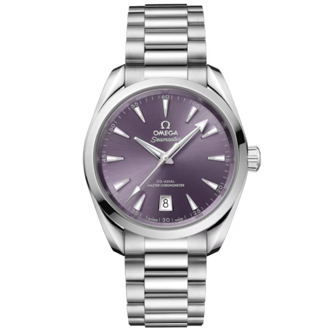 The OMEGA Seamaster Aqua Terra Shades Co-Axial Master Chronometer 38mm watch features a metallic purple dial, silver hour markers, date window at 6 o’clock, and a stainless steel bracelet.