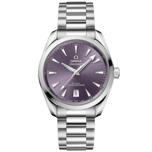 The OMEGA Seamaster Aqua Terra Shades Co-Axial Master Chronometer 38mm watch features a metallic purple dial, silver hour markers, date window at 6 o’clock, and a stainless steel bracelet.
