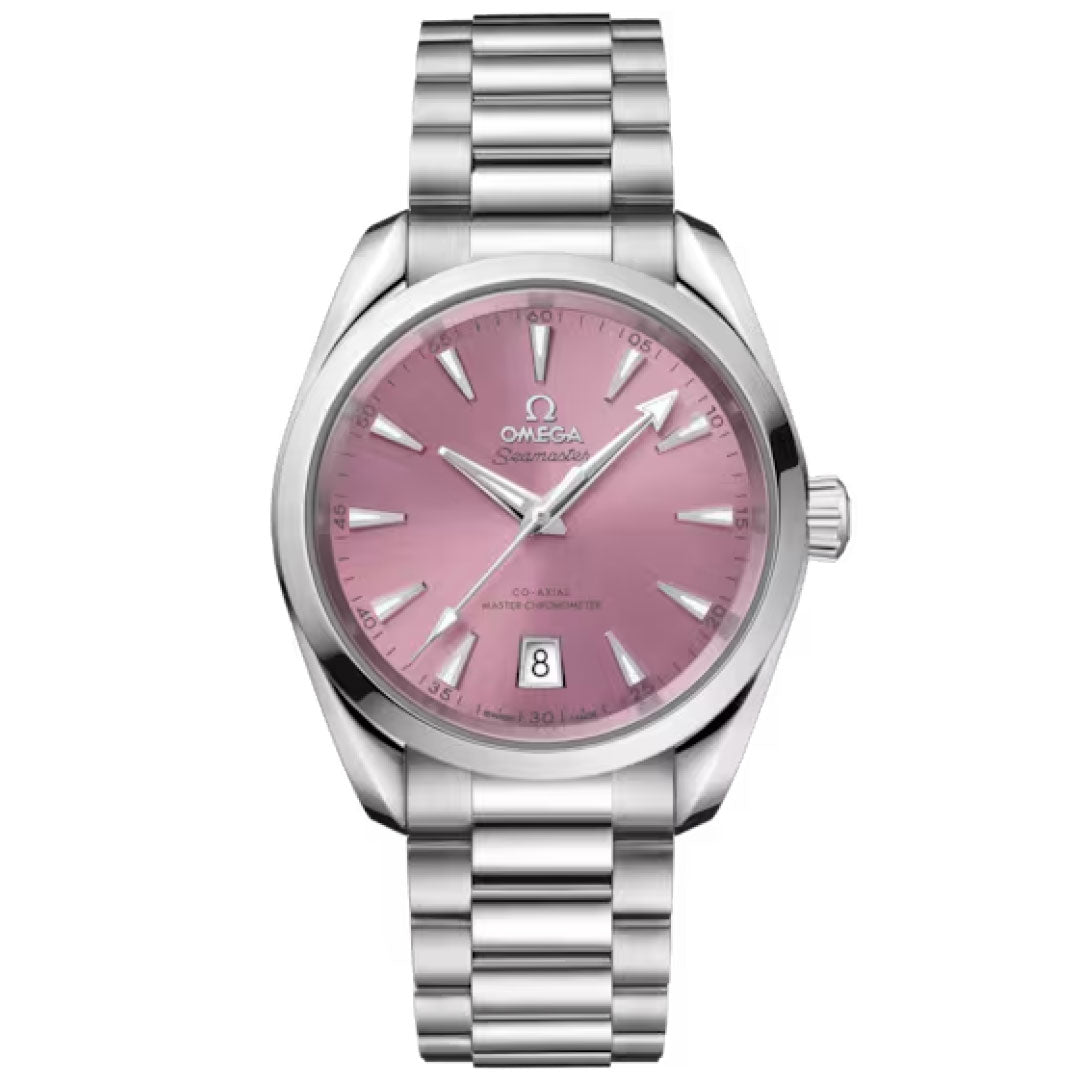The OMEGA Seamaster Aqua Terra Shades Co-Axial Master Chronometer 38mm Watch features a pink dial, silver hour markers and hands, a date window at 6 o’clock, and a metallic bracelet. Powered by the precise Co-Axial Master Chronometer movement.