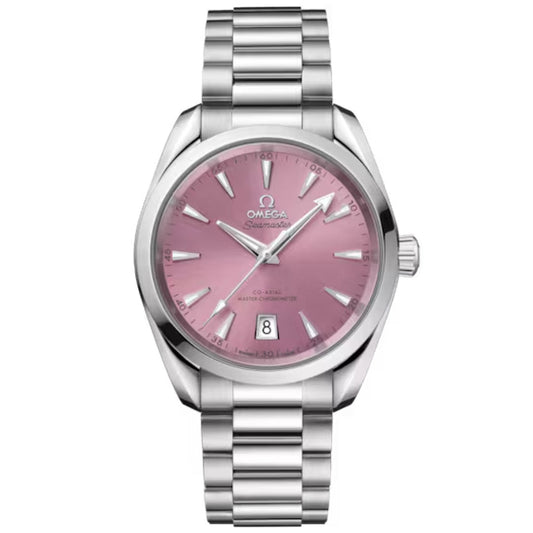 The OMEGA Seamaster Aqua Terra Shades Co-Axial Master Chronometer 38mm Watch features a pink dial, silver hour markers and hands, a date window at 6 o’clock, and a metallic bracelet. Powered by the precise Co-Axial Master Chronometer movement.