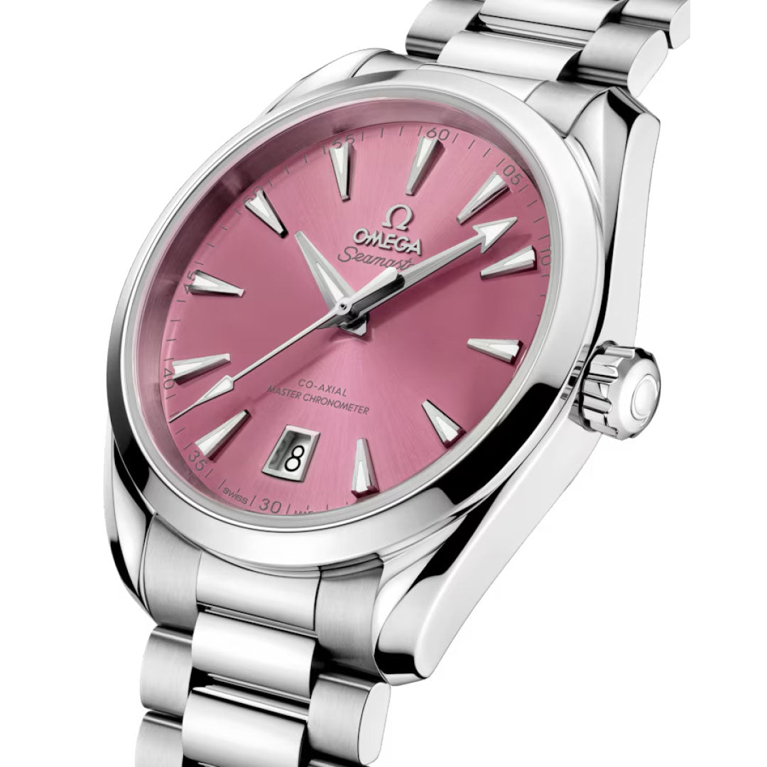 A close-up of the OMEGA Seamaster Aqua Terra Shades Co-Axial Master Chronometer 38mm Watch shows its pink dial, silver markers and hands, date window at 6 o'clock, and stainless steel bracelet.