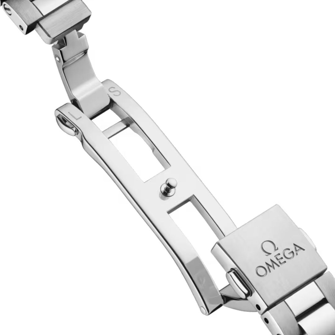 Close-up of the stainless steel clasp on the OMEGA Seamaster Aqua Terra Shades Co-Axial Master Chronometer 38mm Watch, showcasing the detailed logo and precise mechanism against a white background.