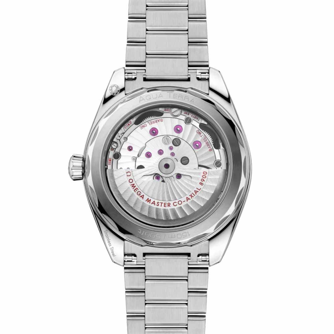 The image displays the reverse side of an OMEGA Seamaster Aqua Terra 150m Co-Axial Master Chronometer 41mm Watch featuring a silver stainless steel bracelet. The transparent case back reveals the intricate mechanical movement, inscribed with "Omega Master Co-Axial 8900," emphasizing its precision as a Co-Axial Master Chronometer.