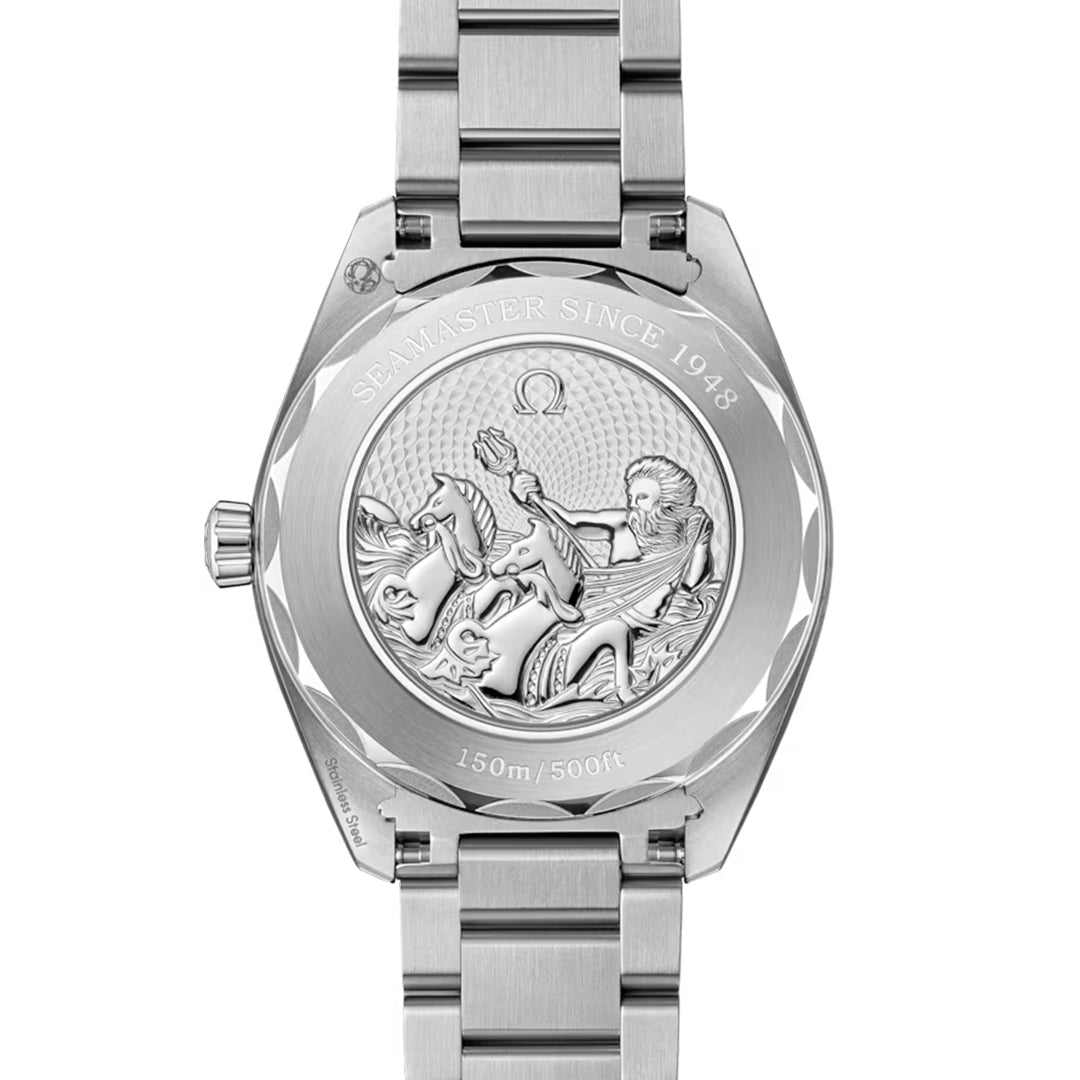 The back of the OMEGA Seamaster Aqua Terra 150M Co-Axial Master Chronometer 41mm Watch showcases Poseidon with a trident on horseback among waves, with "Seamaster Since 1948" inscribed at the top, adding to its Aqua Terra elegance and teak-patterned dial.