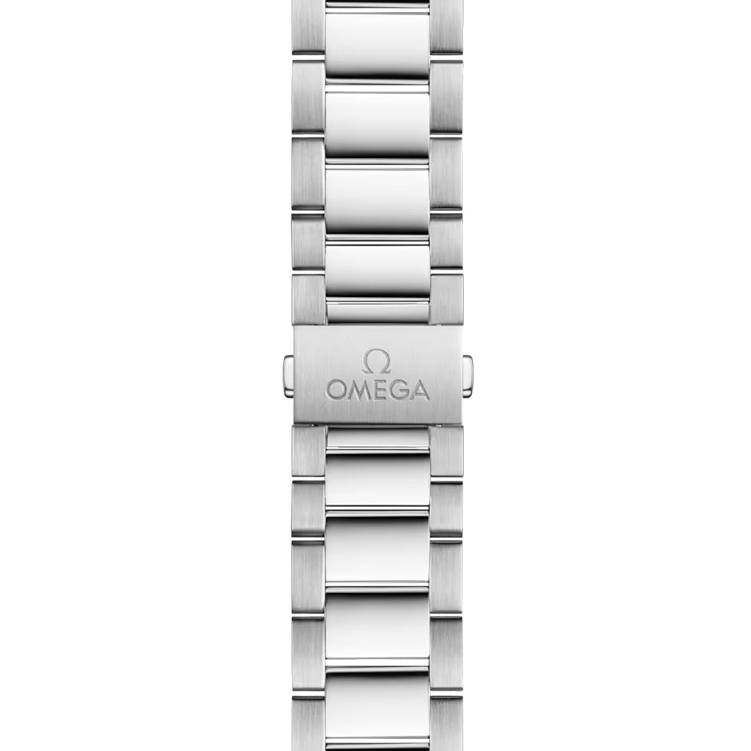 The OMEGA Seamaster Aqua Terra 150M Co-Axial Master Chronometer 41mm Watch features a brushed silver strap with engraved OMEGA branding on the clasp, polished links, and a teak pattern dial illuminated by Super-LumiNova.