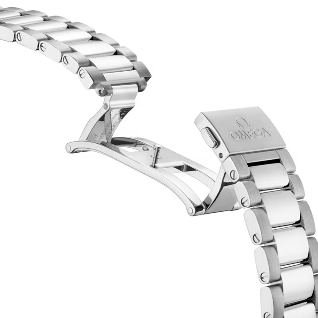 The OMEGA Seamaster Aqua Terra 150M watch features a stainless steel bracelet with an open folding clasp, polished links, engraved with the OMEGA logo; its refined design enhances the intricate mechanics of the clasp against a white background.