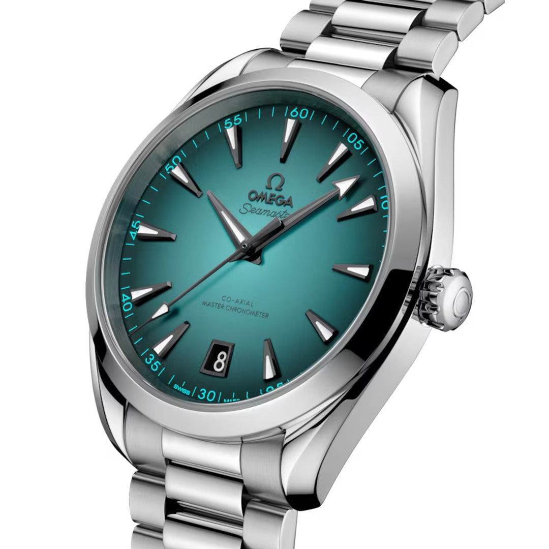 The silver OMEGA Seamaster Aqua Terra 150M Co-Axial Master Chronometer 41mm watch features a vibrant teal dial with silver hour markers, a date window at 6 o’clock, and a stainless steel bracelet. The OMEGA logo is displayed below the 12 o’clock position.